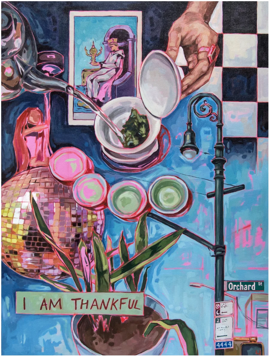 Hand pouring tea into a bowl of greens above a mirrorball, tulips and an Orchard Street sign