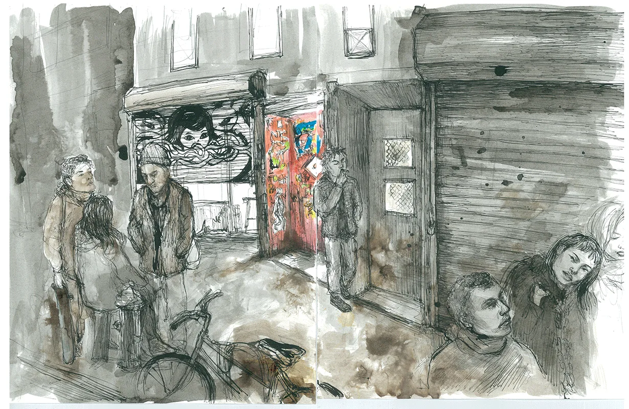 Watercolor sketch with bicycle forms and layered washes