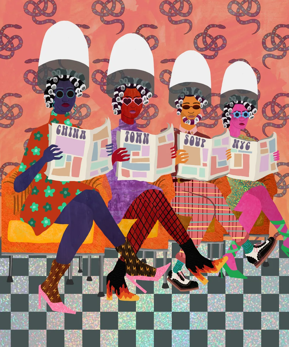 Illustration of four figures under salon hair dryers, each reading a newspaper whose masthead spells out CHINA TOWN SOUP NYC.