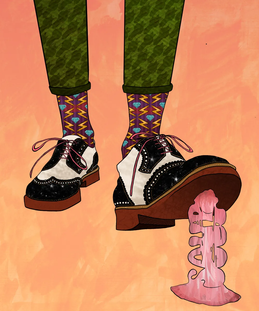 Illustration of a pair of platform brogues on a coral background, one heel trailing a long strand of pink chewing gum.